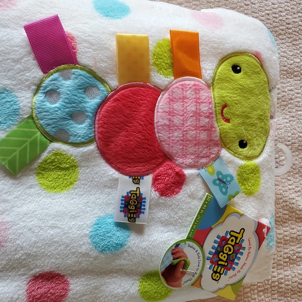 Taggies Caterpillar Polka Dot Sensory Baby Blanket White Plush 30x40 NWT